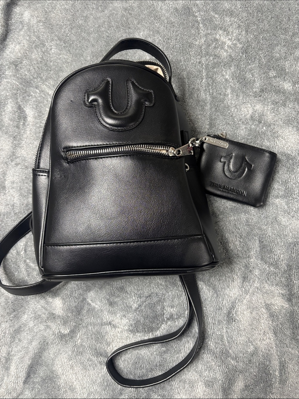 True Religion Black Mini Leather Backpack with Coin Pouch Keychain